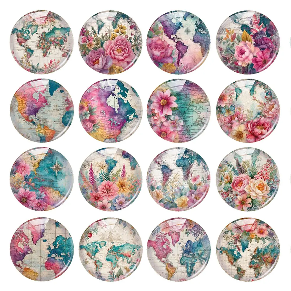 Random Mixed Round/Oval/Square Floral World Map Travel Vintage Photo Glass Cabochon Flatback Demo Cameo For Diy Jewelry Making