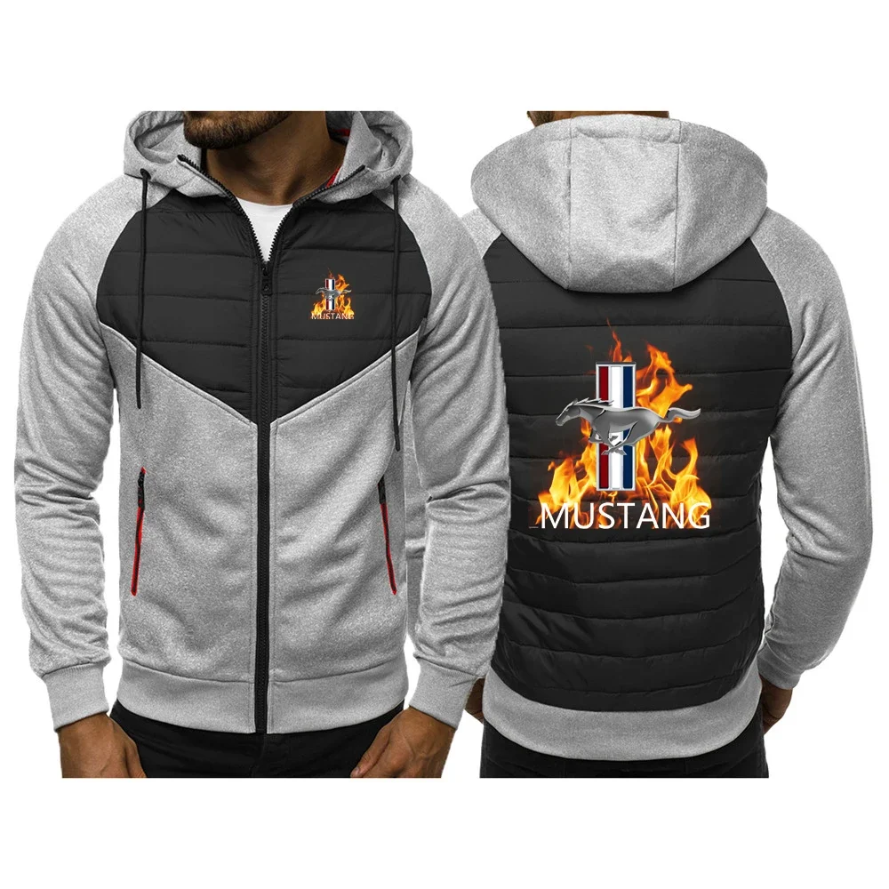 2024 Spring Autumn Men's Mustang Logo Printed Popular Comfortable Cotton Fashion Splicing Windproof Warm Harajuku Hooded Jackets