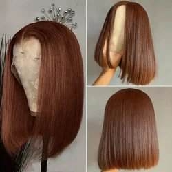 Peluca de cabello humano liso de 13x4, postizo de encaje Frontal transparente, color marrón Chocolate, n. ° 4, predesplumada