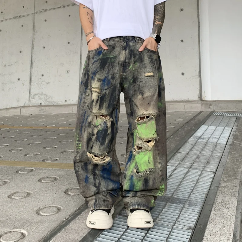 

31001 American high-end new tide loose straight blue green washed graffiti jeans man