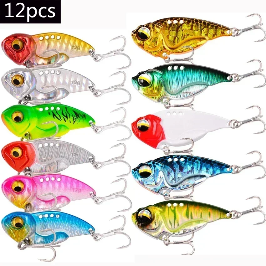 12pcs Metal VIB Fishing Lure Set 7g 10g 14g Vivid Vibrations Spoon Lure Bass Artificial Hard Bait Cicada Lure VIB Bait 3D Eyes