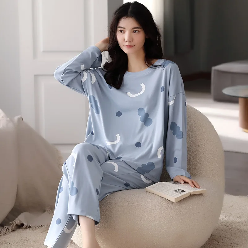 Women\'s 2 Piece Pajamas Set Shredded Milk Pyjama Female Pijama Women Homewear Soft Sleepwear Long Sleeve O-Neck Shirt Pants Suit