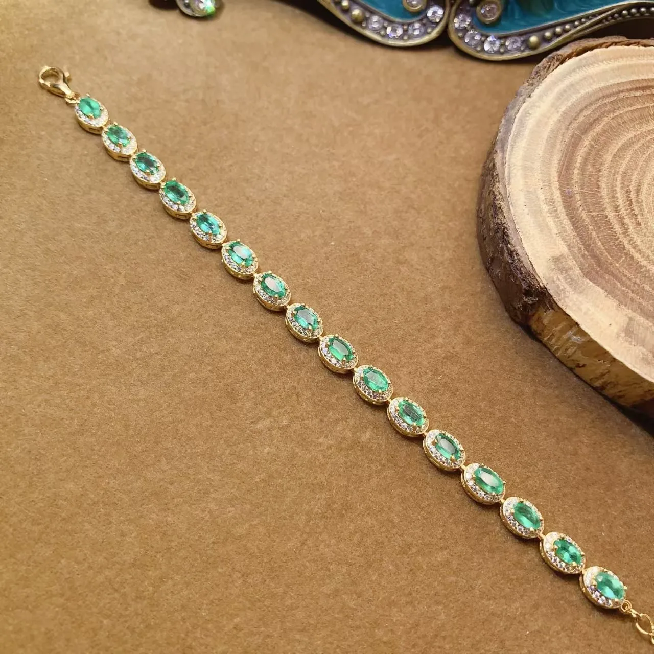 Fashion Sterling Silver Chain Bracelet 3mm*5mm Natural Emerald Bracelet with 3 Layers Gold Plating Woman Birthday Gift