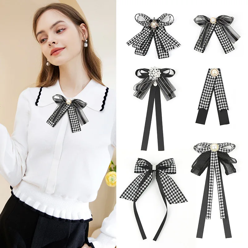 

Korean Trendy Houndstooth Ribbon Flower Bow Brooch for Women's Bow Tie Pearl Collar College Bows Coat Wedding Accessories