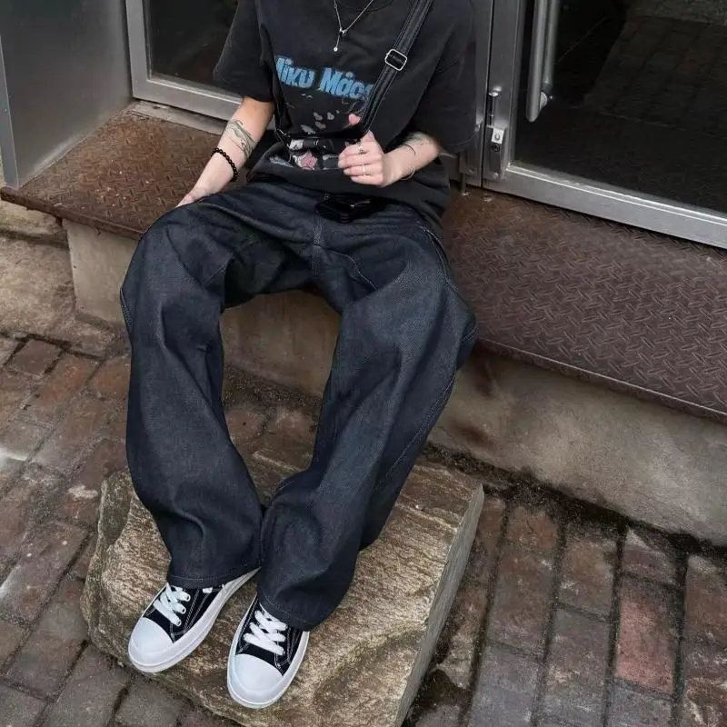 Men's Multi Pocket Design Black Jeans Boys Bottom High Waist Unisex Trousers Street Casual Pants Male Wide Legs Sweatpants