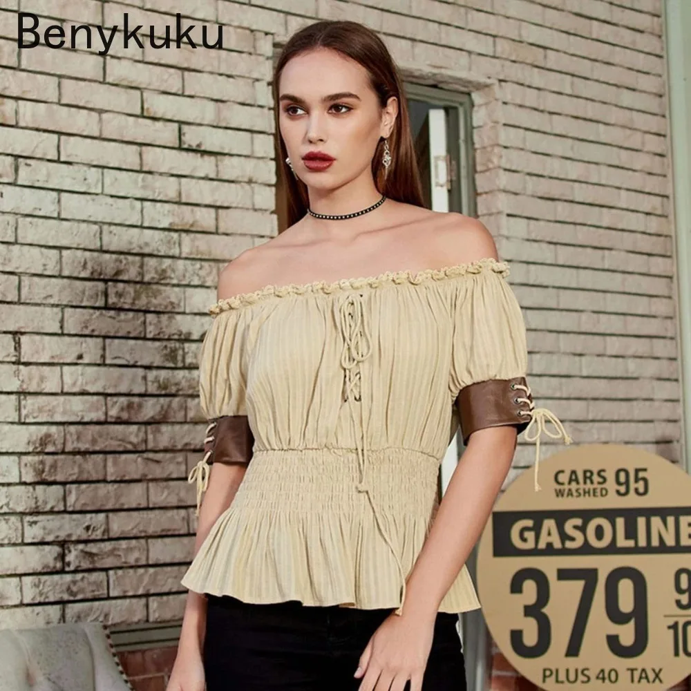 Renaissance Medieval Aristocratic Attire Women Vintage Blouse Retro Steampunk Corset Top Victorian Off Shoulder Shirts Clothes