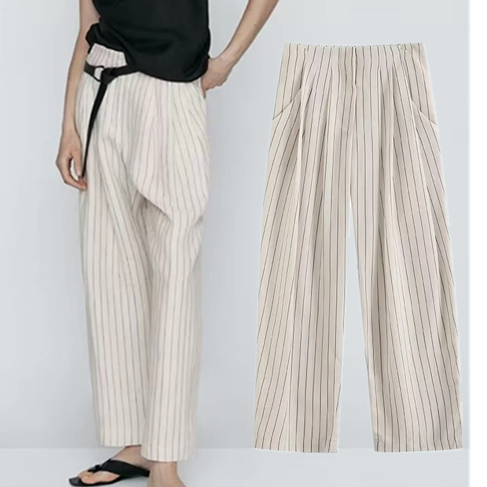 

Maxdutti French Retro Casual Pants Striped Loose Trousers High Waist Fashion Ladies Commuter For Women