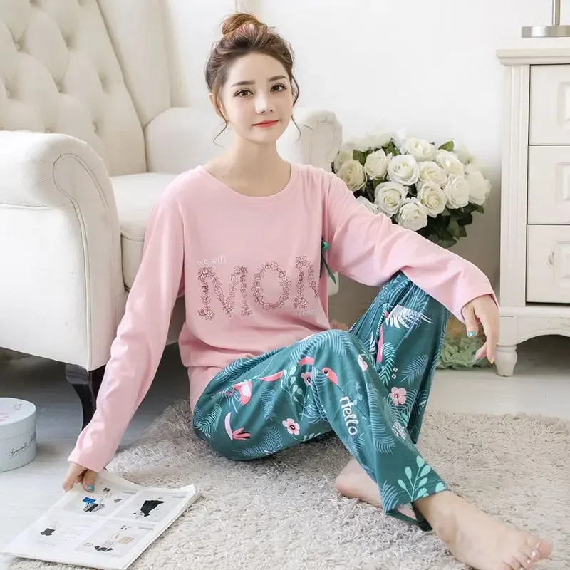 Female Pure Cotton Long Sleeve  Summer Thin Style Plus Size 200 Pounds Loungewear Spring and Autumn Fat Sister Pajamas for Women