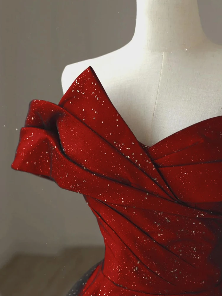 Vestido de casamento vermelho de um ombro, manga curta, crimento até o chão, cor pura, estilo coreano, vestido de dama de ...