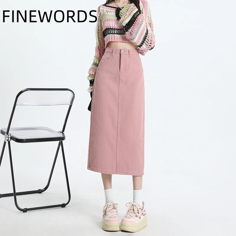 

FINEWORDS Vintage Pink Denim Long Skirts Casual High Waist Straight Midi Skirts Streetwear Summer Harajuku Split Jeans Skirts