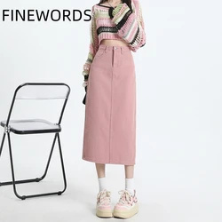 FINEWORDS Vintage Pink Denim Long Skirts Casual High Waist Straight Midi Skirts Streetwear Summer Harajuku Split Jeans Skirts