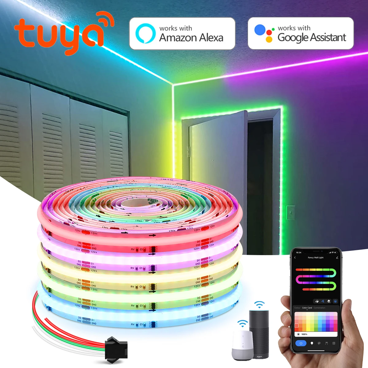 Adresowalna neonowa taśma LED Dearmcolor DC12V RGBIC 1/2/3/5m Tuya WiFi Neon RGB COB Strip 576LEDs/m Ambient Light dla Alexa/Google