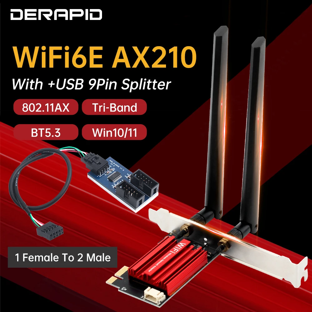 

AX210NGW Wi-Fi 6E 5400 Мбит/с PCIe-карта + BT 5.3 | Трехдиапазонный 2,4G/5G/6GHz | Win11/10/Linux | Комплект Pcie Riser или USB для настольного компьютера