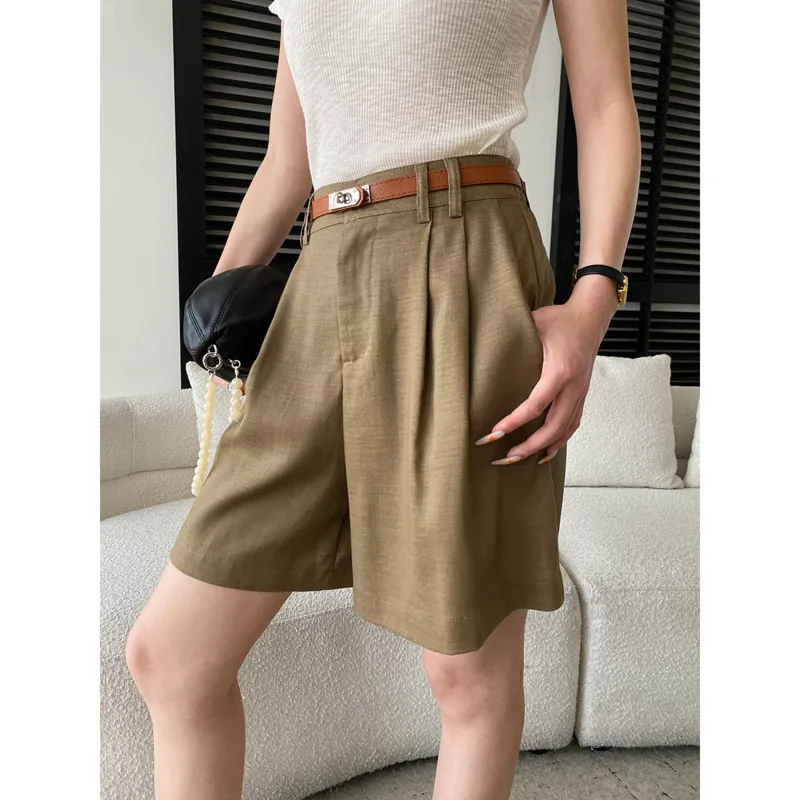 Summer Lyocell Blend Casual Suit Shorts Elastic High-Waist Straight-Leg Five-length Casual Shorts