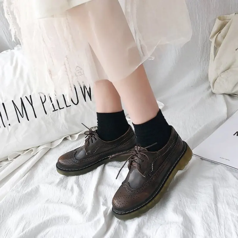 Ins Vintage England Style PU Leather Shoes Student Daily Joker Lace Up Flats Shoe Korean Spring Autumn Black Shoes 2022