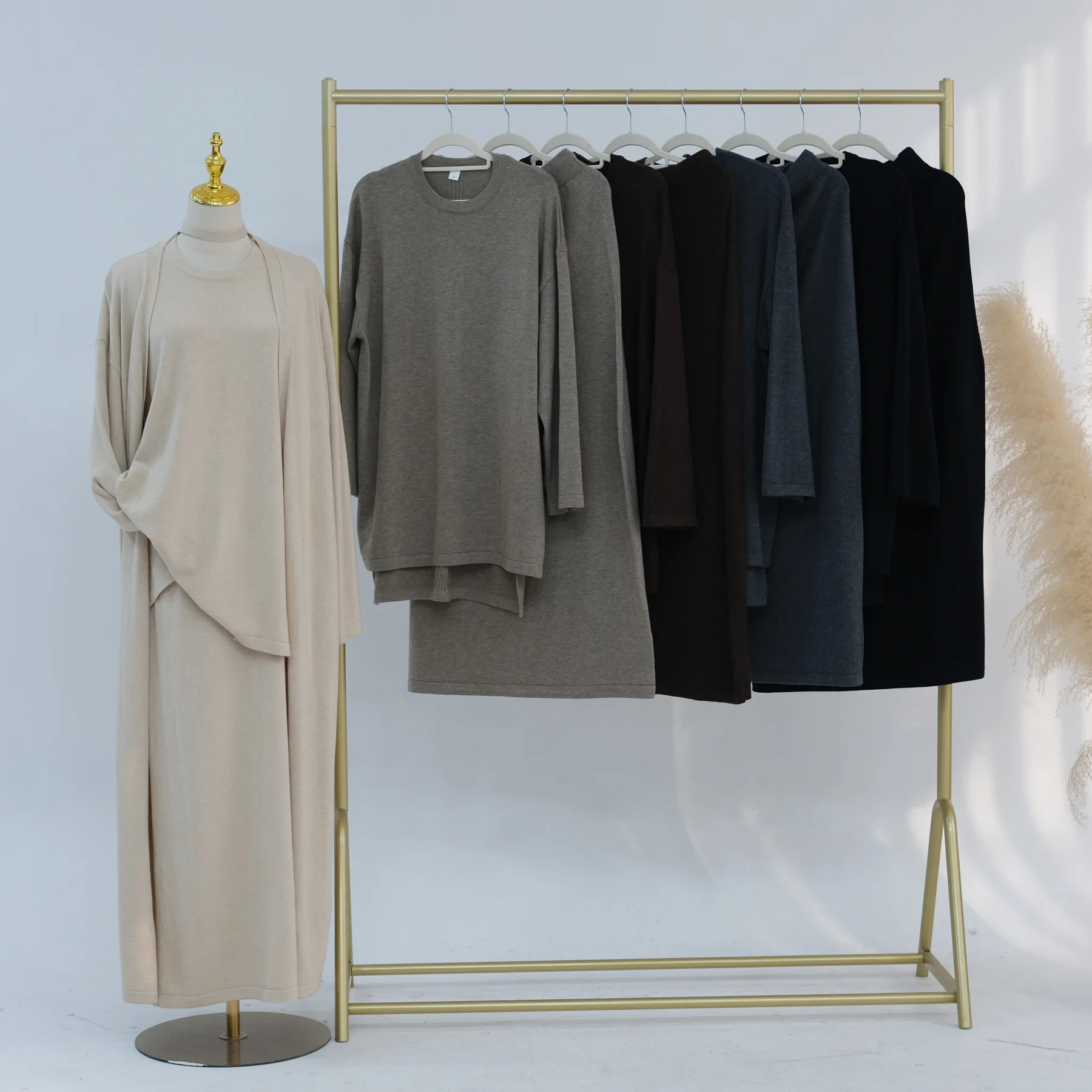 

Зимний вязаный кардиган-абайя, женское платье, мусульманские комплекты для Ид, вязаный длинный халат, марокканский арабский кимоно, топы, юбка, исламская одежда