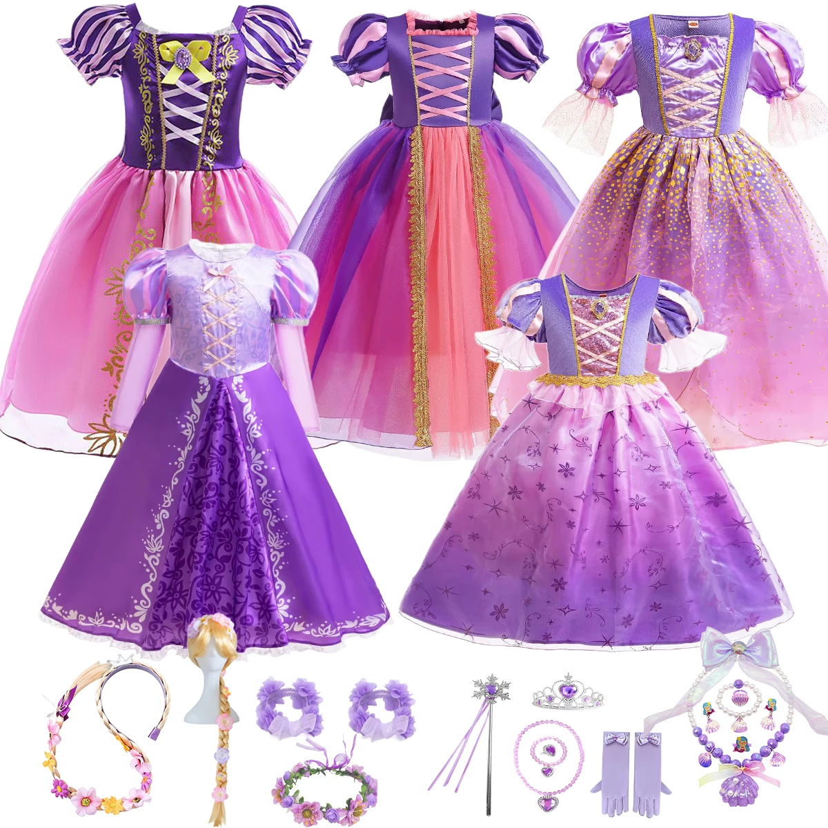 Disfraz de Princesa Rapunzel de Disney para Niñas, Vestido Morado con Mangas Abullonadas para Fiesta de Cumpleaños con Accesorios