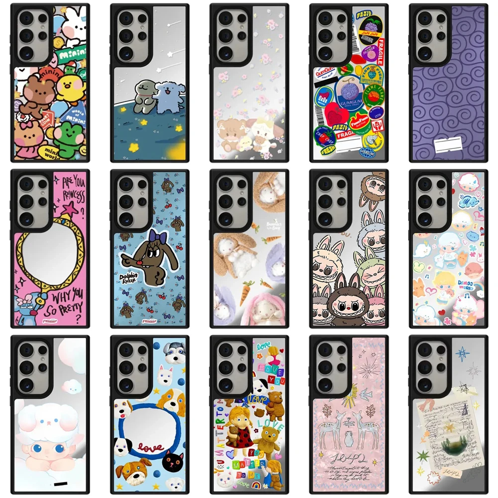 Cartoon Mirror Surface Black Border Case for Samsung Galaxy S23 Ultra S24 Ultra S23U S24U Cover Case