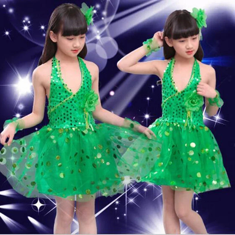 Vestido latino lantejoulas para meninas, Tutu Veil Dancewear, roupas modernas para performance de palco infantil, vestidos de dança do grupo escolar