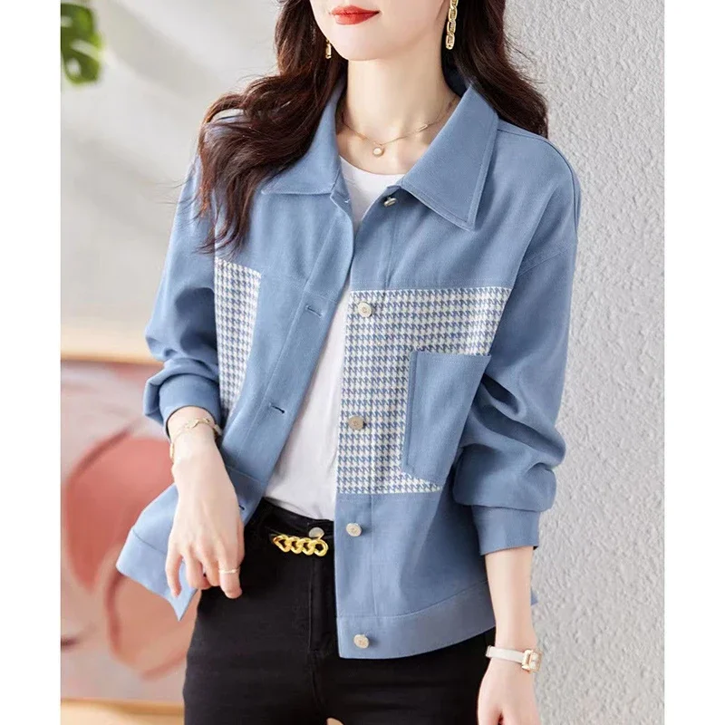 Fashion Lapel Pockets Spliced Printed Houndstooth Coats Female Clothing 2024 Autumn Winter New Loose Korean Tops Casual Jackets