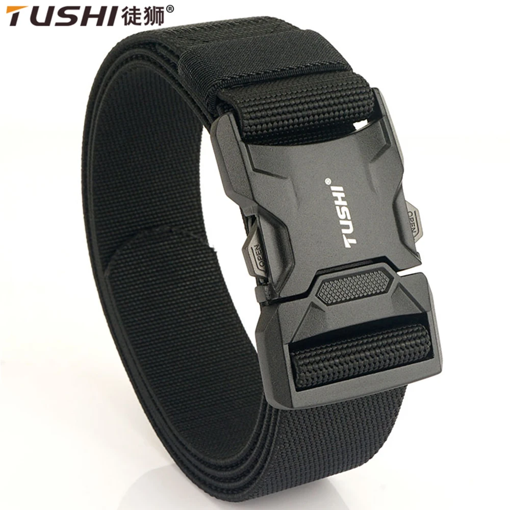 

TUSHI Aluminum Alloy Quick Release Pluggable Buckle Elastic Belts For Men Durable Tactical Belt Cowboy Outdoor Army Belt Hunting