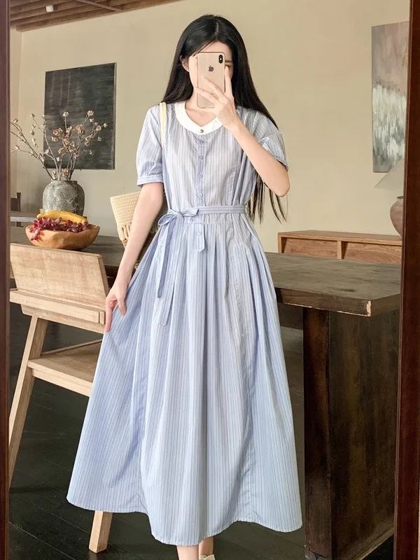 

plus Size Women's Vintage Blue Striped round Ne A-Line Long Dr Slimming Effect Summer New Sle Korean Sle Commute Wind