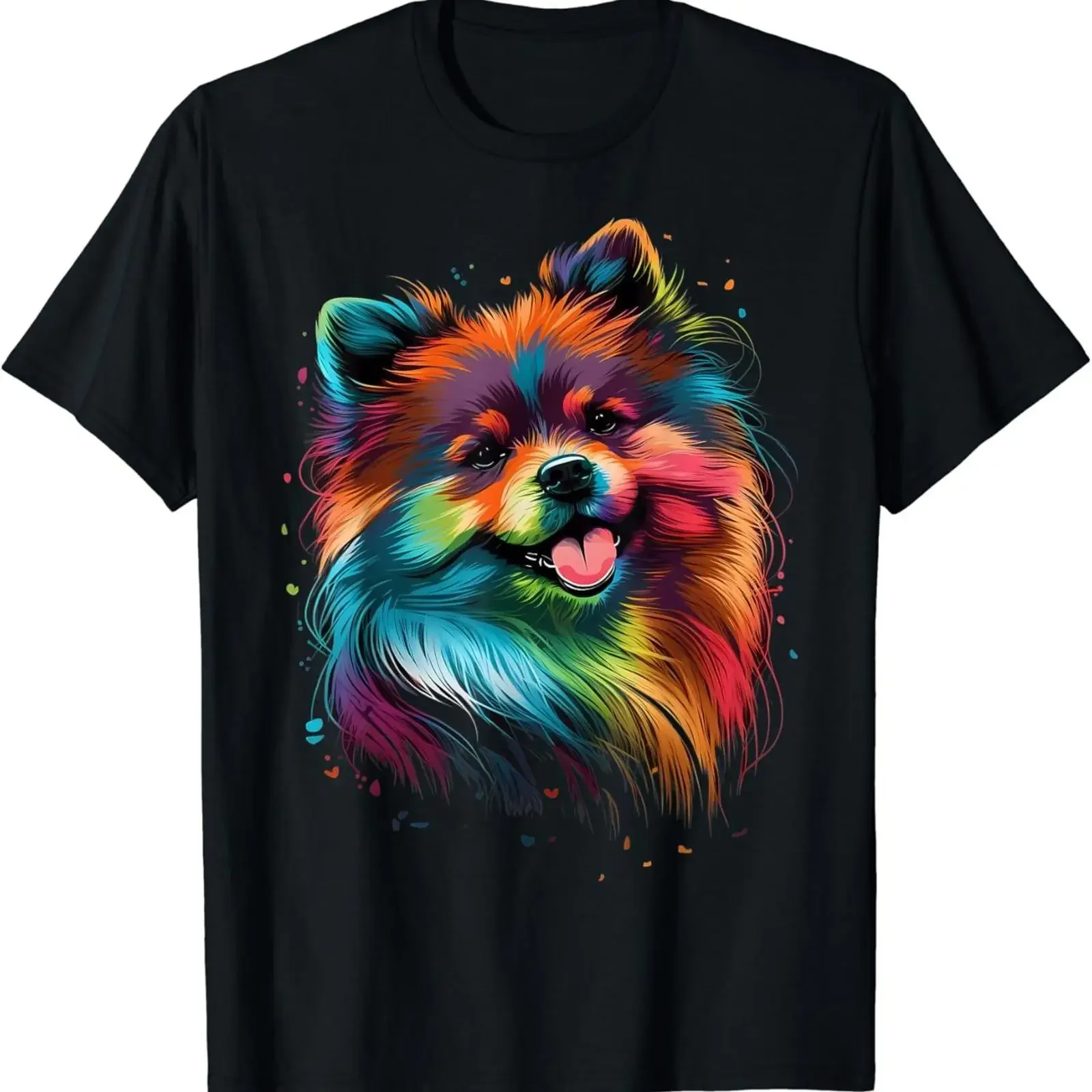Cute Pomeranian Dog Face Colorful Art Puppy Black T Shirt vintage Washed Stylish homme Breathable streetwear graphic fashion