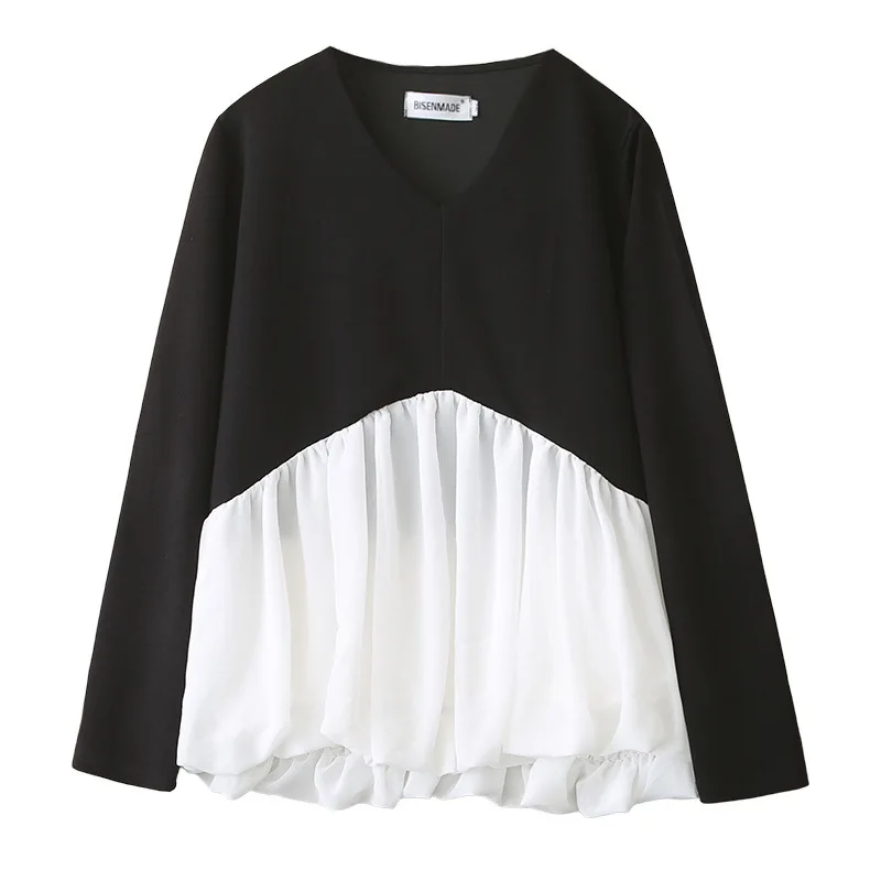 

Plus Size Modal Long Sleeve Tee Women Pleated Splice Color Block Casual Loose Pullover Tops 8810