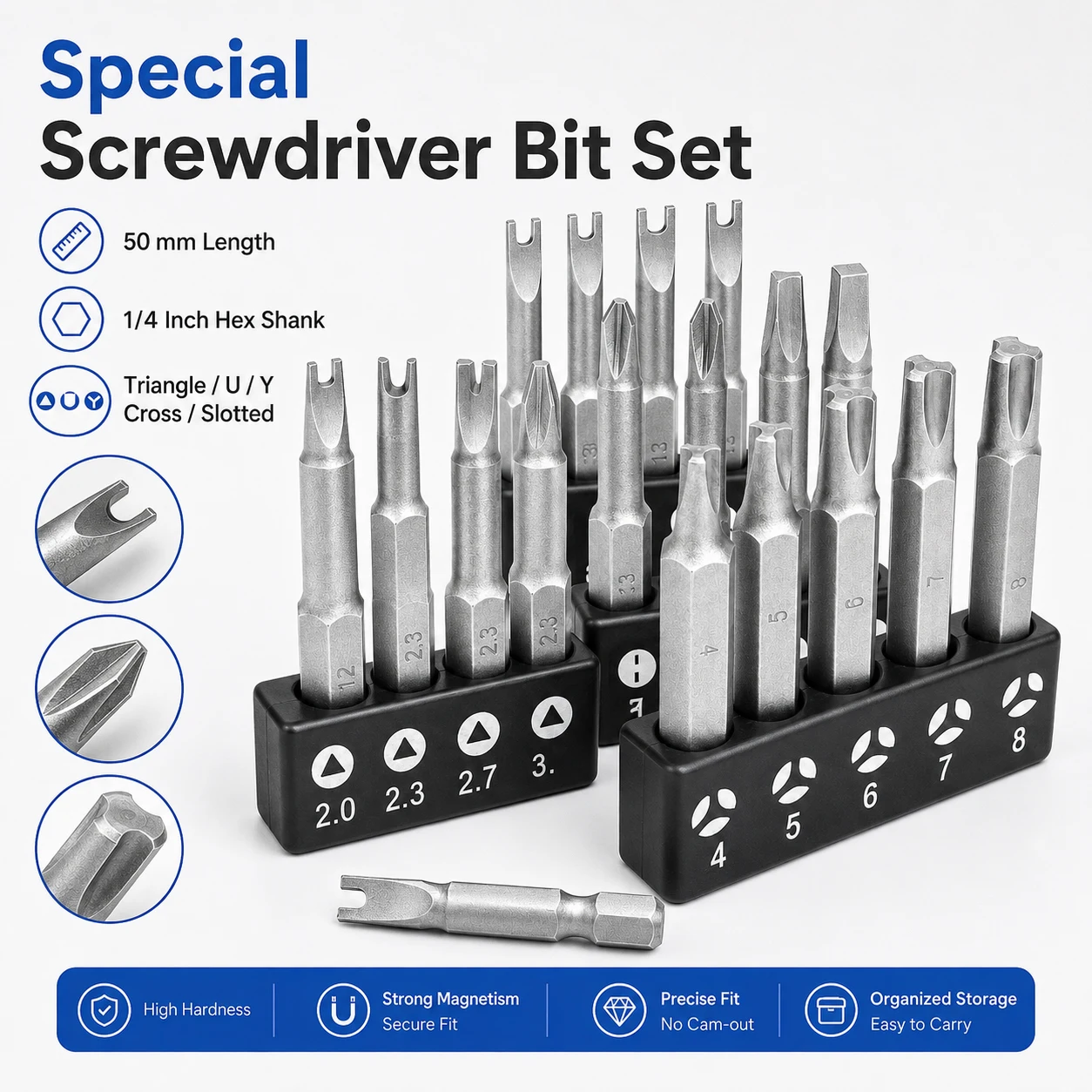 4-13Pcs Y-Type U-Type Tri-Wing Magnetic Screwdriver Bits,Security Three Points Drill Bit Set 1/4 Hex Shank Power Tool Accessorie