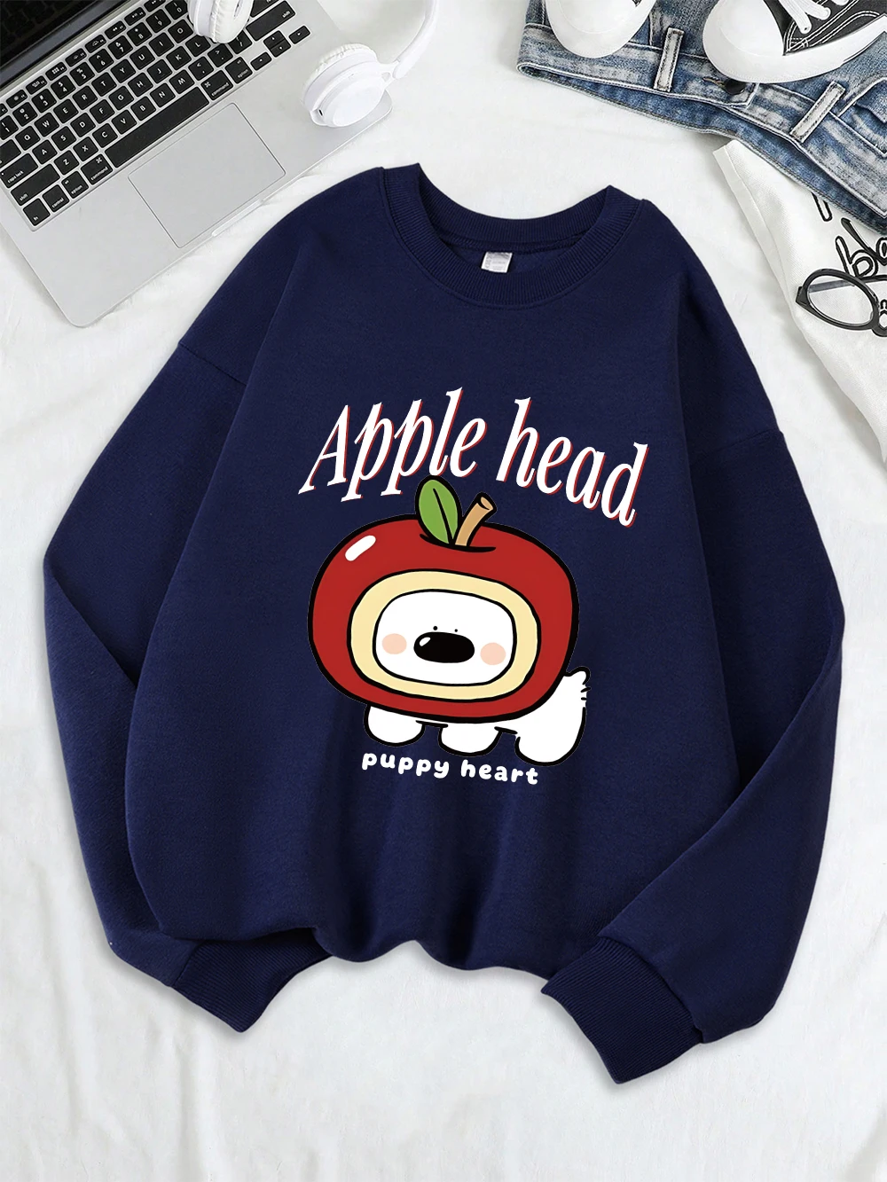 

Толстовка с милым принтом и яблочной головой, женские свободные повседневные толстовки с круглым вырезом, мягкая одежда, флисовая теплая зимняя женская уличная одежда