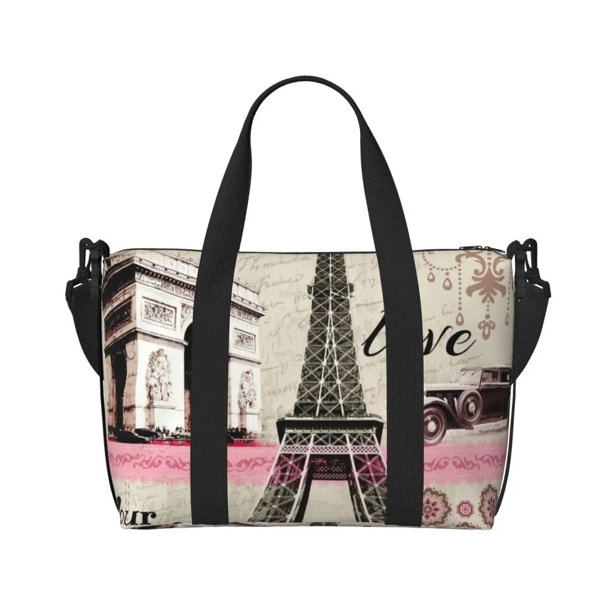 Custom Vintage France Paris Eiffel Tower Beach Tote Bag Women Flower Pink Large Compartment Gym Beach Travel Bags