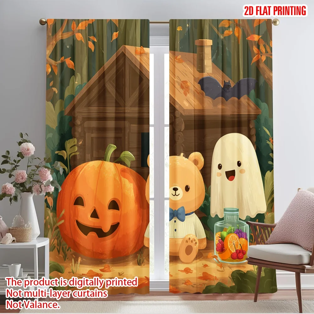 

2pcs 2D flat printing Drapes Cute Halloween Bear Family Forest Cabin Fabric Without Electricity 0 for Indoor Celebrations Room