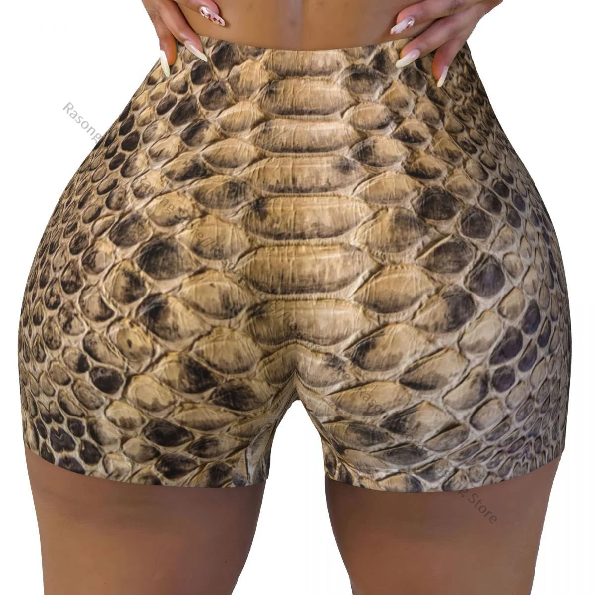 Push Up Short Elasticity Scrunch Butt Brown Snake Skin Texture Running Shorts Sports Shorts Womens Clothes Gym