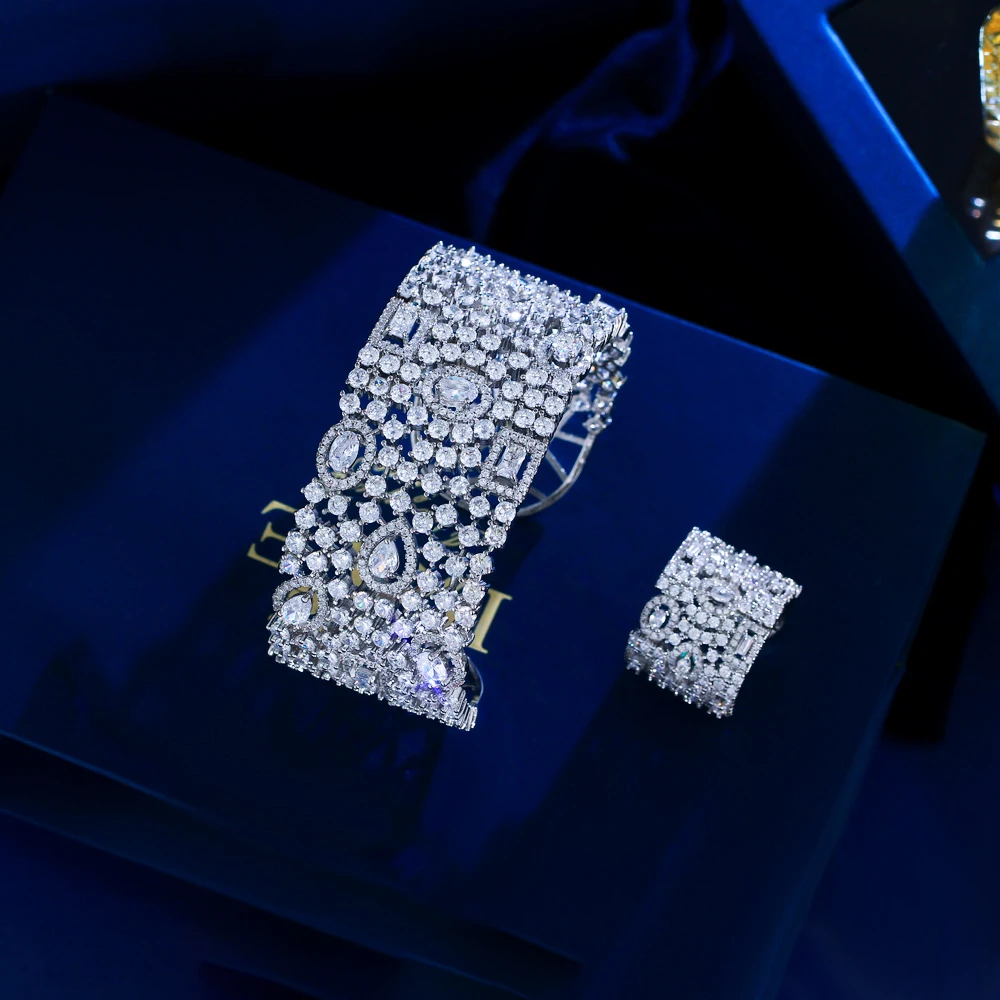 CWWZircons Luxuriöser, massiver Armreif mit Zirkonia-Einlage und breitem, offenem Ring, Dubai Hochzeit Brautparty Schmuckset T0190 – Detail 7