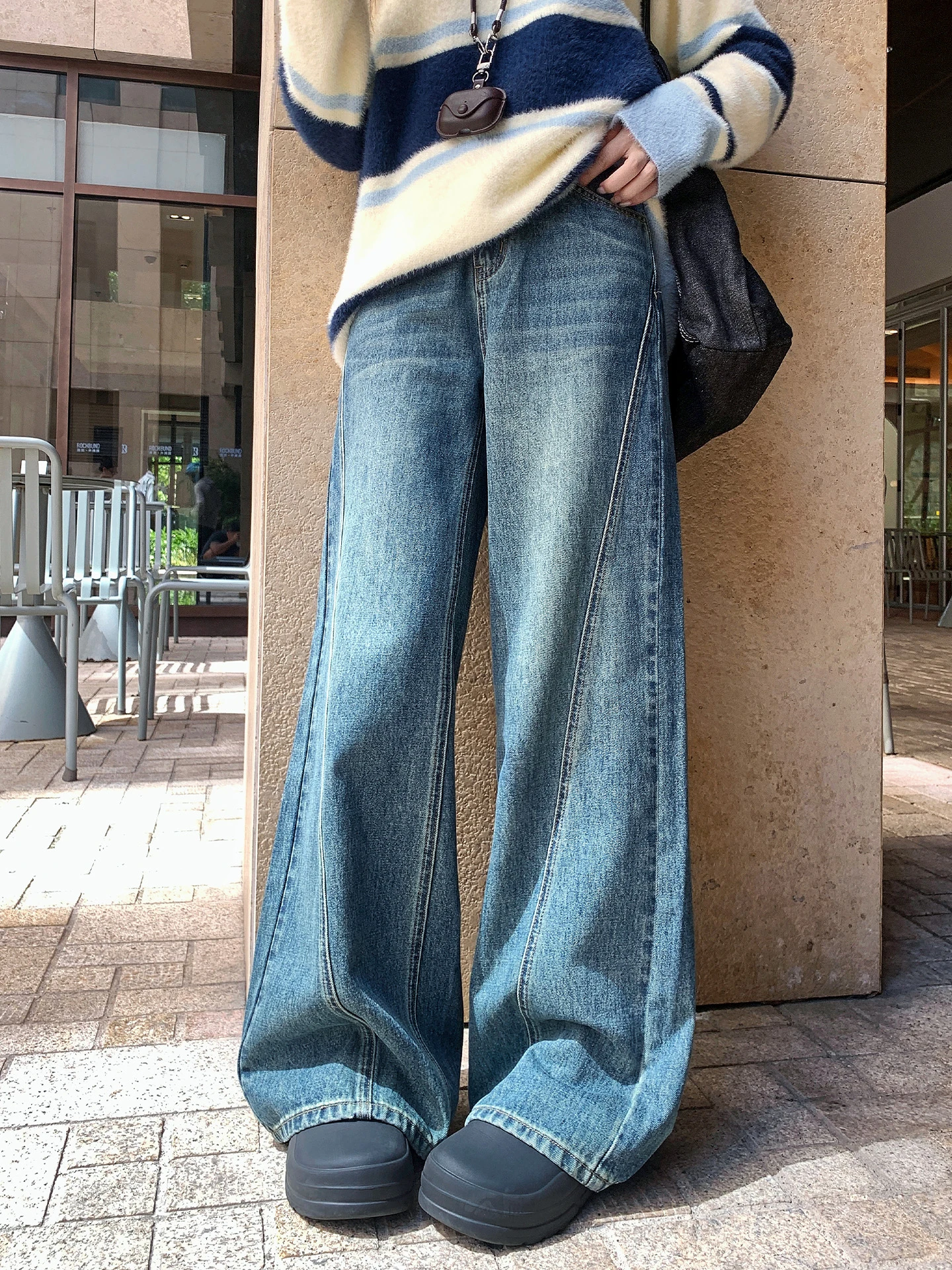 

Широкие синие джинсы из денима для женщин, осенне-зимние, прямого кроя, с высокой талией, с лоскутным декором, Dogue De Bordeaux C25024