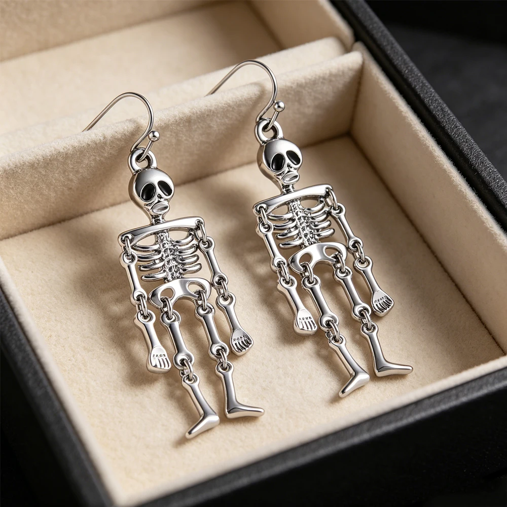 Vintage Silver Skeleton Dangle Earrings Articulated Movable Skull Drop Earrings Gothic Punk Halloween Jewelry for Women Men Hip