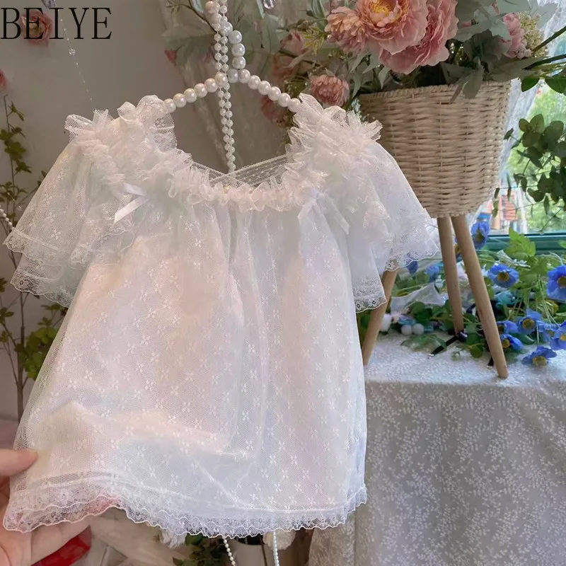 Girls' Lolita Style Inner Layer Top Summer White Princess-style Short-sleeve Blouse with Ribbon Sweet White Shirt for Children