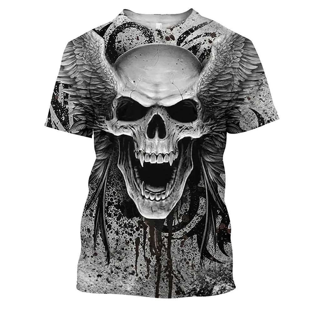 Men\'s Terror Skull 3D Printed T-shirt, Round Neck Loose Short Sleeve T-shirt, Unisex, Summer Fashion Men\'s T-shirt