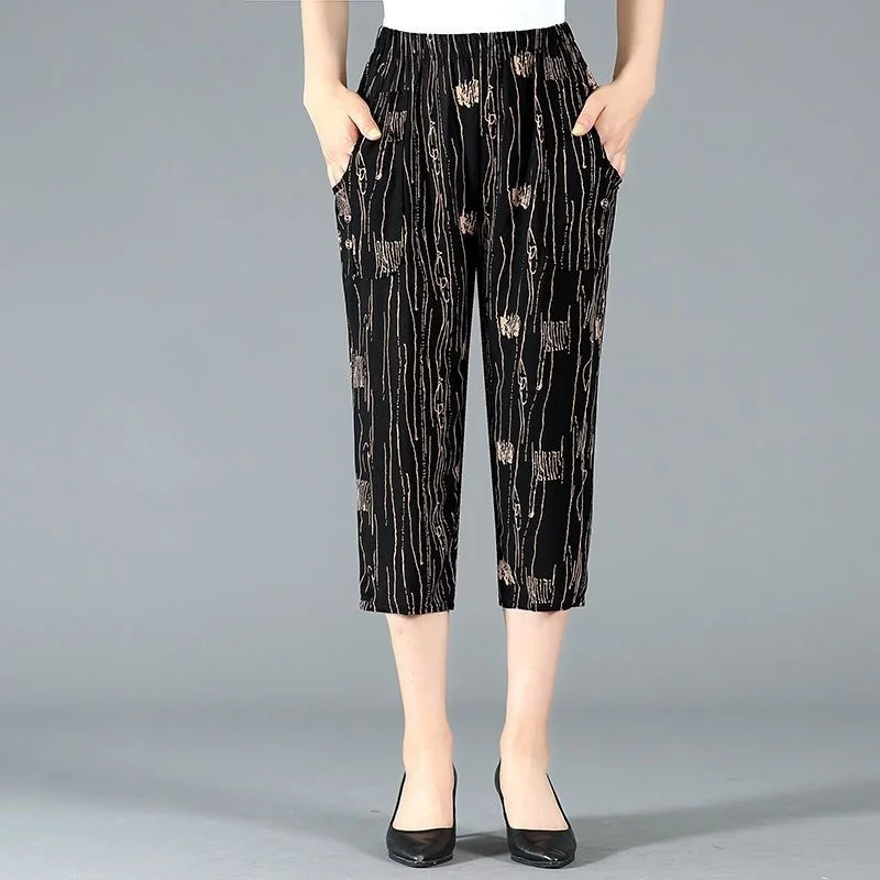 2024 Summer Capris For Middle-aged And Elderly Women Casual High Waisted Printed Pants Female Straight Calf-Length Pants