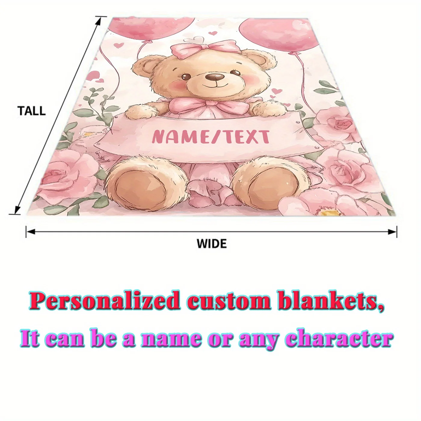 Custom Teddy Bear Blanket Cute Pink Plush Bear Name Personalized Soft Warm Throw for Bed Sofa Living Room Office Travel Gift