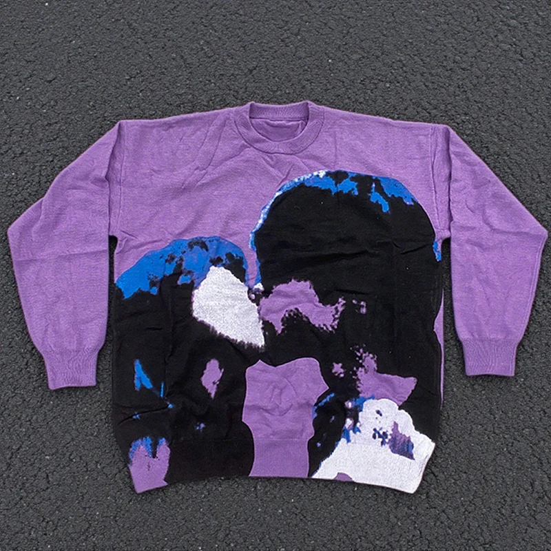 

Neutral Y2K Street Pattern Knitted Sweater - Purple Retro Kiss Silhouette Emo Autumn/Winter New Sweater Top