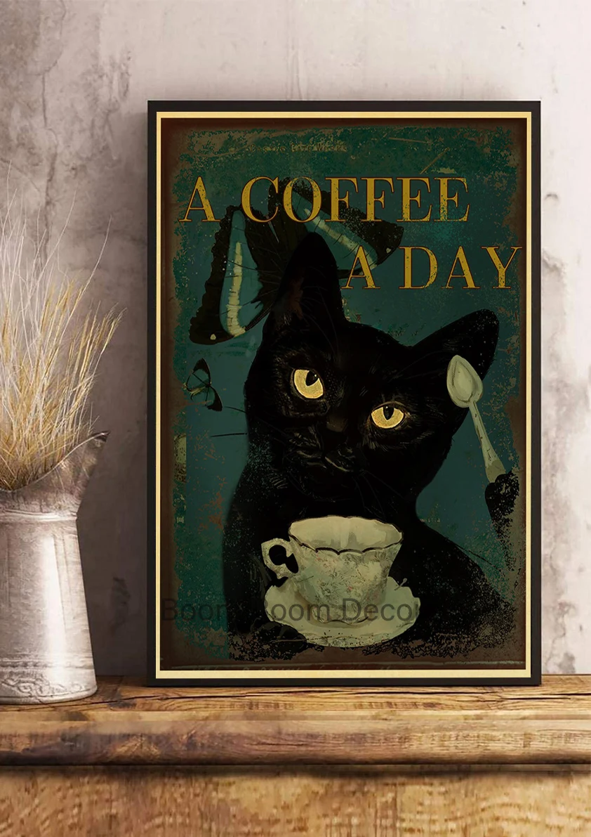 Black Cat Nostalgia Poster Kraft Paper Prints Salon Decor Cartoon Picture 2022 Arrivals Decoration Wall Sticker Bedroom Painting