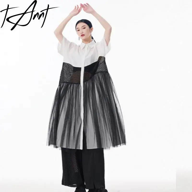 Tannt 女性ドレスメッシュスプライス不規則なロングシャツドレスモザイクカラーファッションカジュアルブラックホワイトルーズドレス女性 2025 新しい