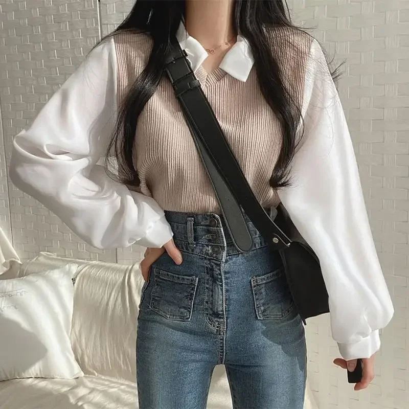 2024 New False Two-piece Collar Women's Blouse Spring Casual Korean Shirt Y2k Tops Streetwear Loose Female Elegant Blouses