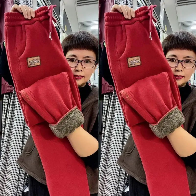 

Men's plus Size Fce Lined Thiened Warm Casual Pants Autumn Winter Harlan Sports Cotton Sweatpants Wine Red Leisure Trousers