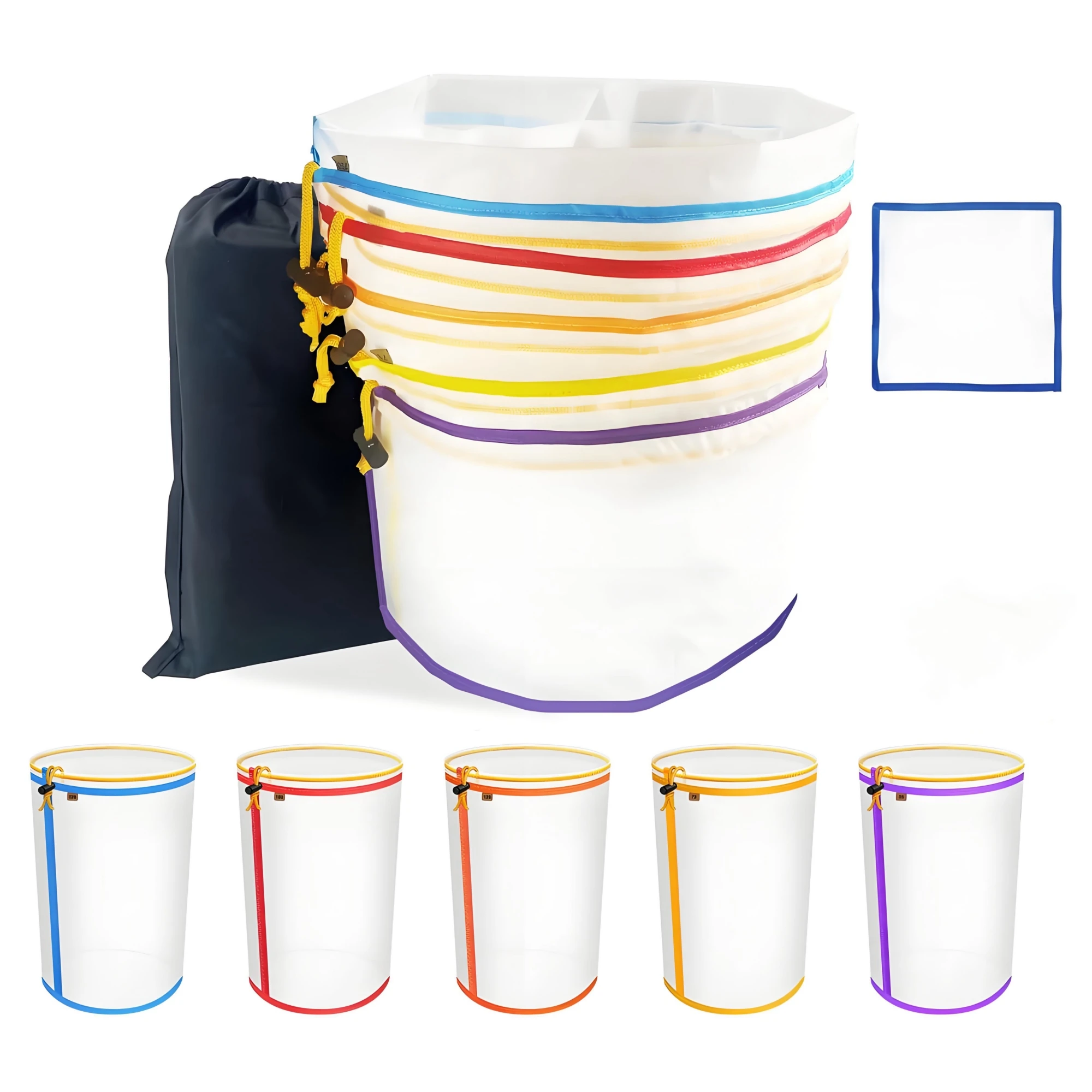 5-Pack 5Gallon Filter Bag All-Mesh Fine Nylon Mesh Strainer Bag Set with Pressing Screen for Cold Brew Buckets Bubble hash