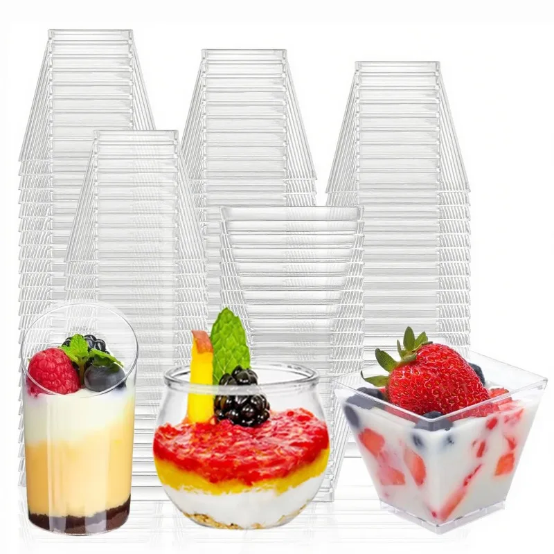 Taza de postre de plástico desechable, taza transparente para pudín y Mousse, adecuada para fiestas, bodas, Navidad, Halloween, contenedor de gelatina de yogur