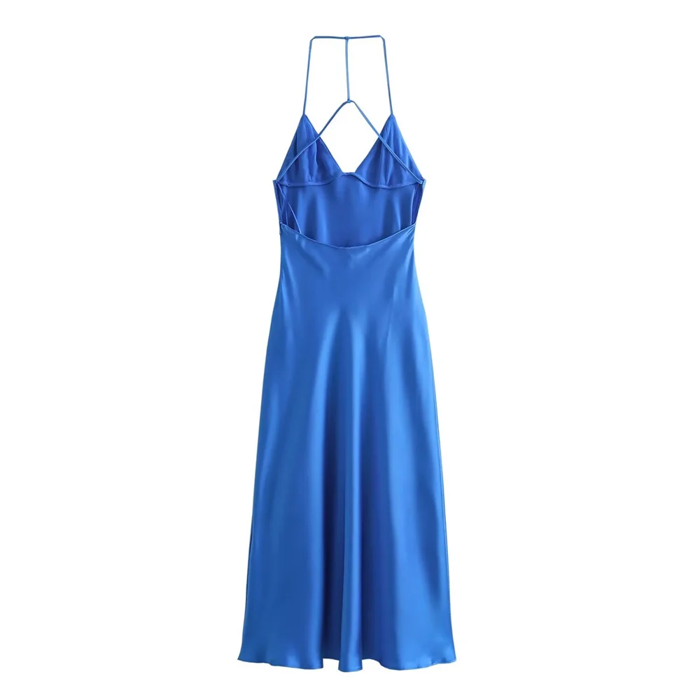 UNIZERA2024 Spring New Women's Wear Temperament Slim Fit Open Back Silk Satin Texture Solid Color Hanging Strap Dress