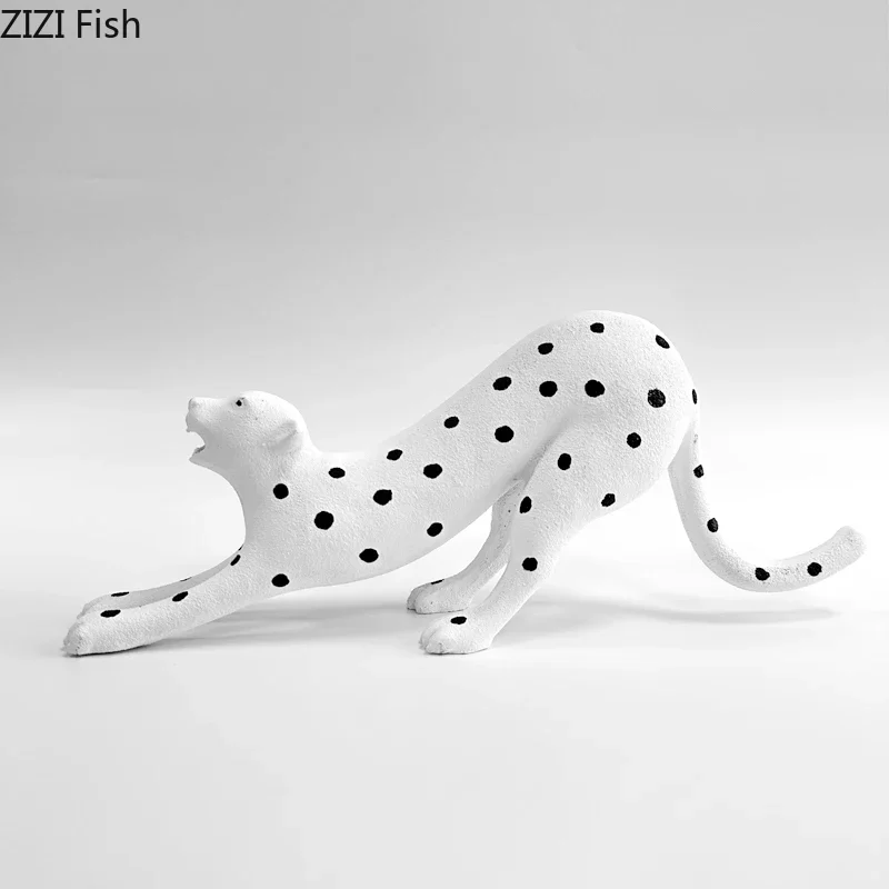 Black White Polka Dots Leopard Sculpture Animal Resin Statues Table Top Home Decoration Ornaments Miniatures Figurines Crafts