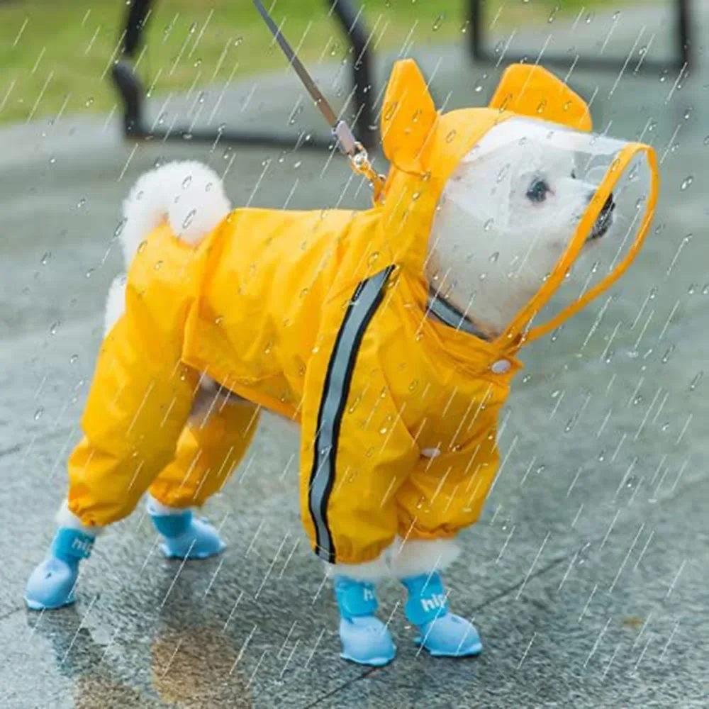 

Cute Bear Shape Dog Raincoat Puppy Rain Jacket Full Body Coverage with Hat Reflective Double Layered Waterproof Dog Hooded Cloak